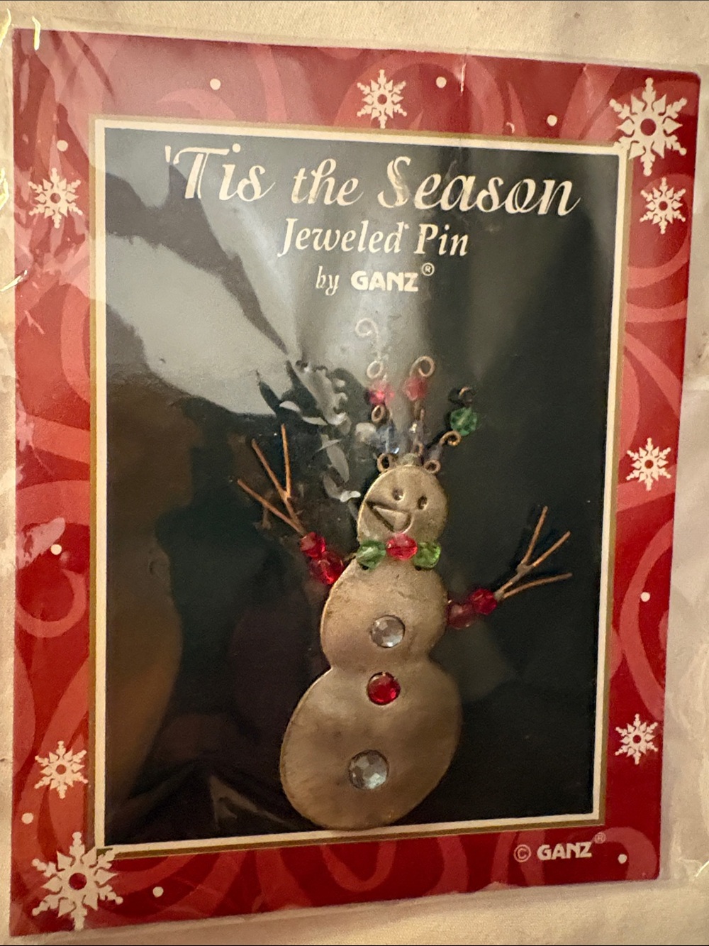 GANZ Silver Snowman Jeweled Pin with Red and Green Accents